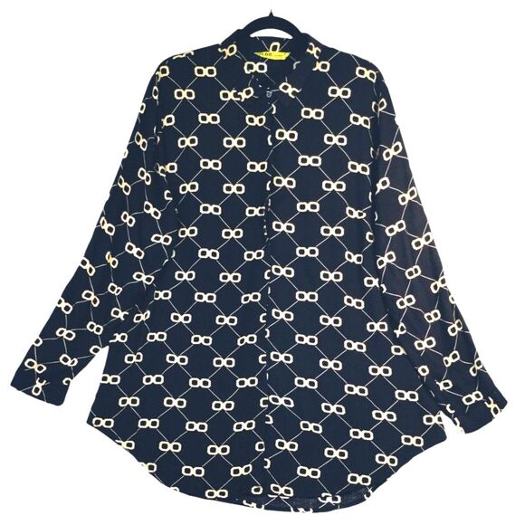 LBB Tops - LBB Blouse Women's L Long Sleeve Button Up Cotton Black Tan Graphic 100% Cotton